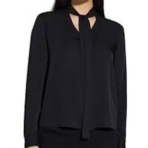 Theory Black Silk Tie Neck Blouse Modern Long Sleeve Top Women's Medium Office‎